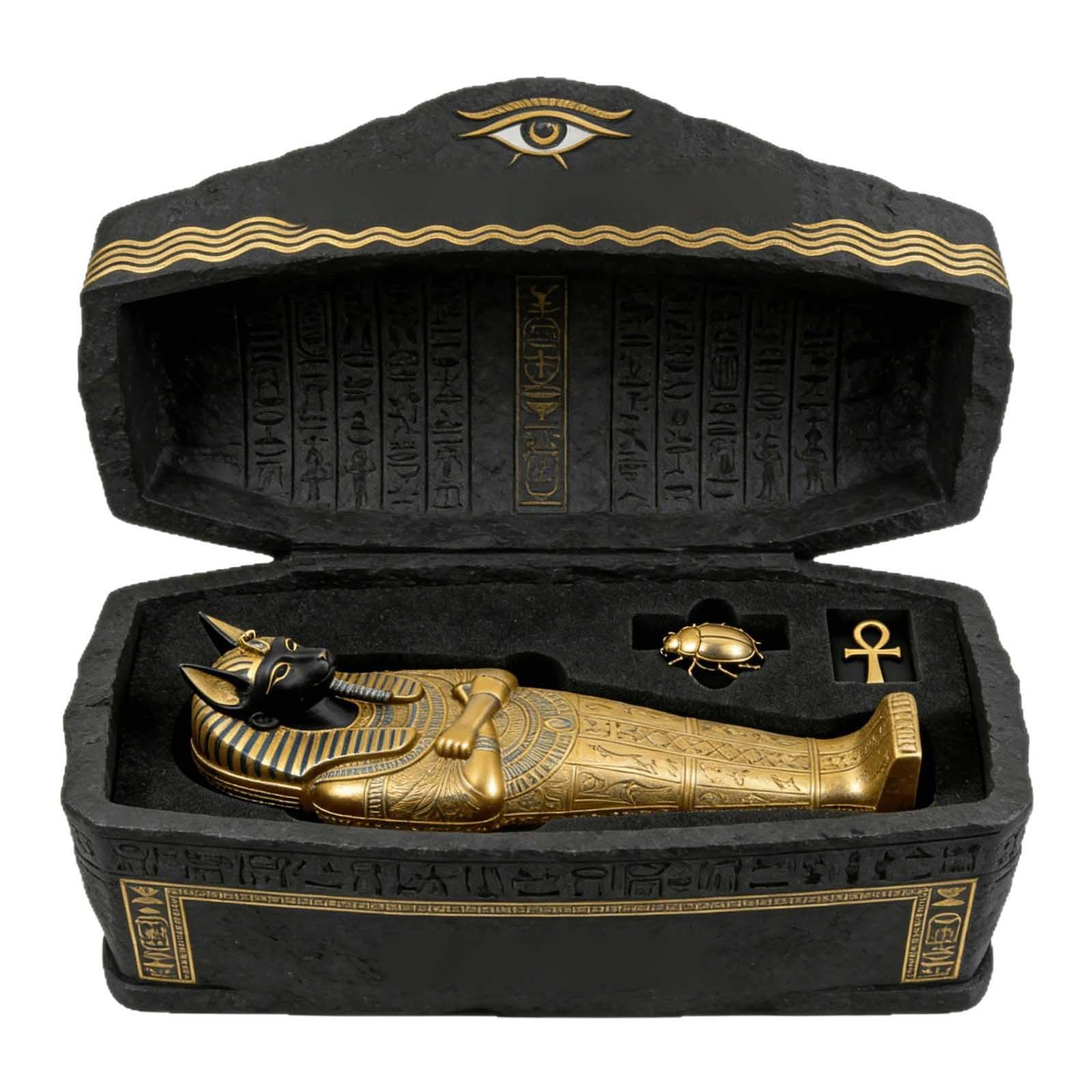 

Ancient Egyptian Style Anubis Sarcophagus Figurine with Hieroglyphic Decor in Display Box Featuring Eye of Horus and Symbolic Artifacts One Size