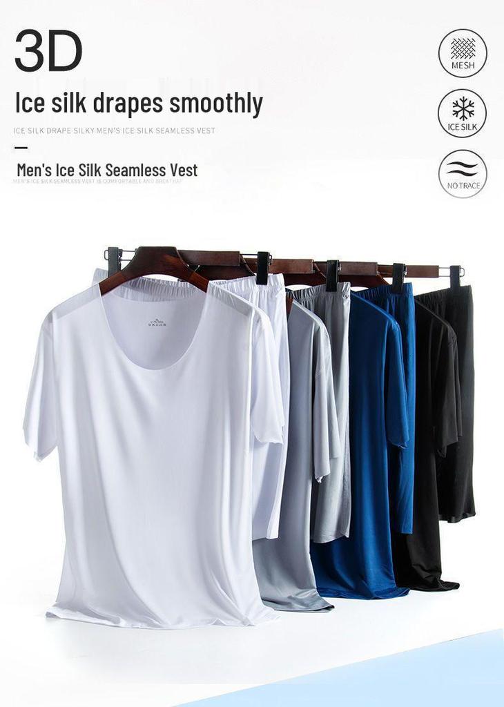 Ice Silk Short Sleeve Summer Pajama Set - Seamless Round Neck, Lightweight Home Sportswear