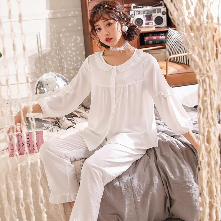 Spring and summer new tencel cotton pajamas women's comfortable lace loungewear nine-quarter sleeve trousers women's cardigan set