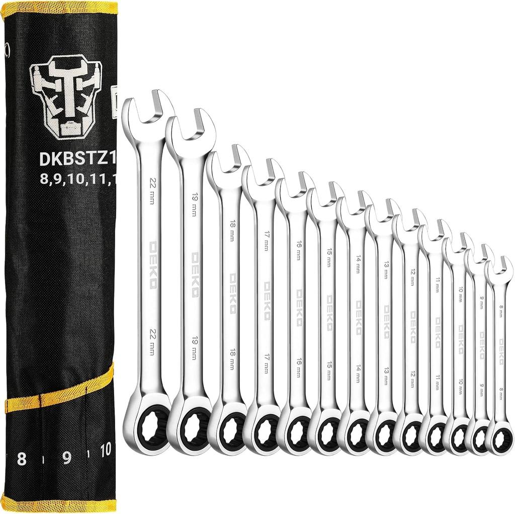 DEKOPRO Flex Ratchet Swivel Ratchet Combination Wrench Adjustable 72 Set Wrench, 8-22mm Set, Angle, Gears, 13-Piece