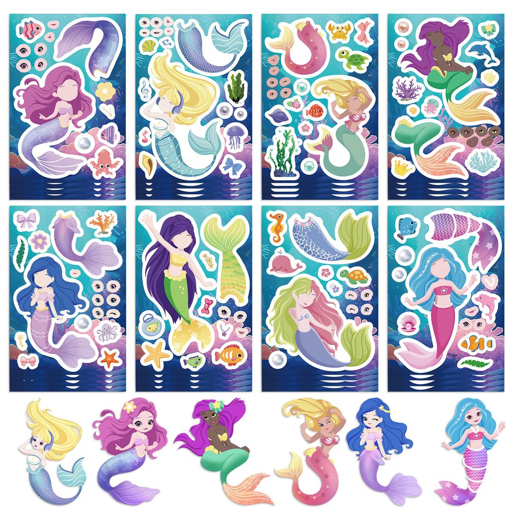 81624Pcs Cute Mermaid Princess Puzzle Stickers Make A Face Children Diy Toys Assemble Sticker Party Favor Gifts