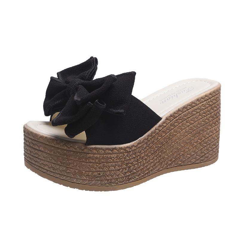 New Summer Women's Plus Size Bow Chunky Sole Wedge Platform One Strap High Heel Casual Outdoor Slide Sandals