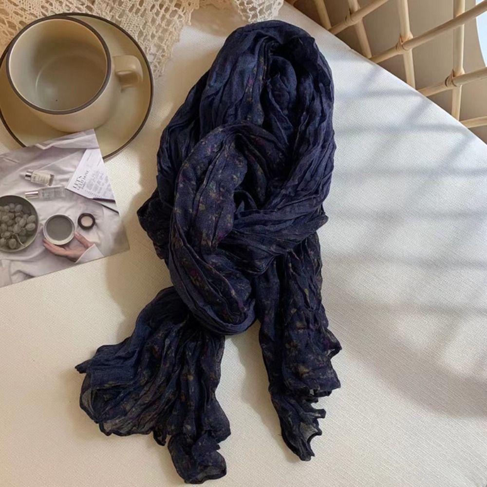 Keep Warm Pleated Printed Scarf Vintage Shawl Wrap Floral Cotton Linen Scarf
