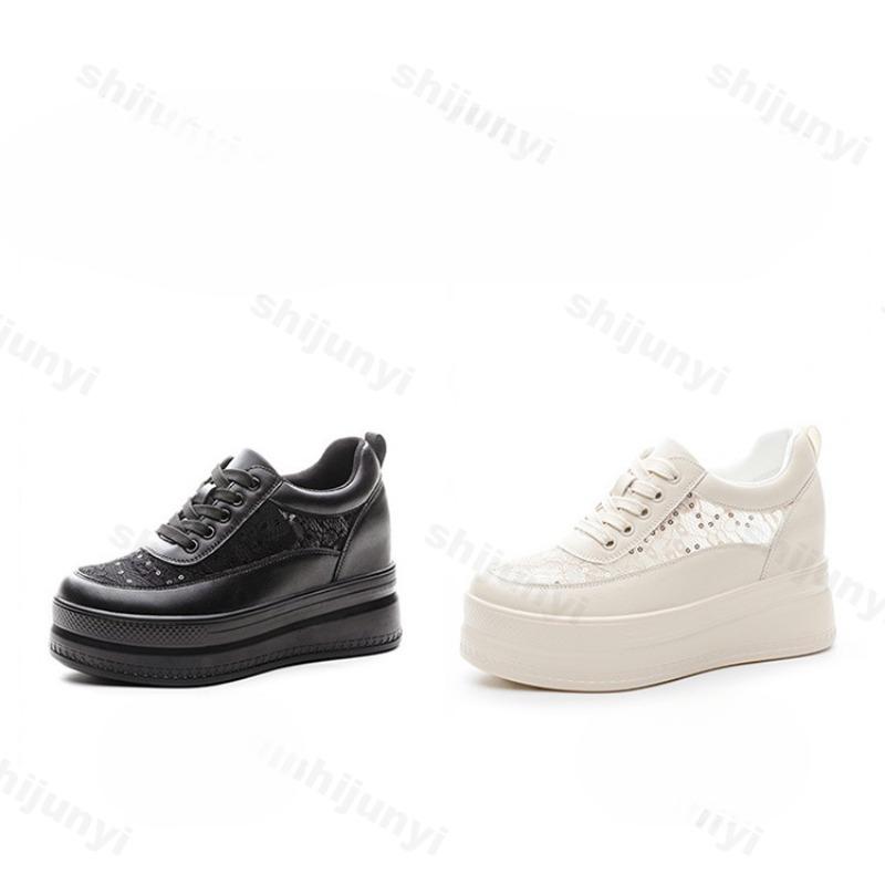 Fashion 2025 Spring Summer Women's Shoes New Height Increase Comfortable White Shoes Women High Heels Breathable Mesh Lace Casual Shoes
