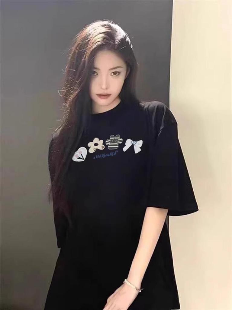 Women's Pure Cotton Short Sleeve T-Shirt - 2025 Summer Style with Straight Shoulder Design, Loose Half Sleeve, Niche American Fashion