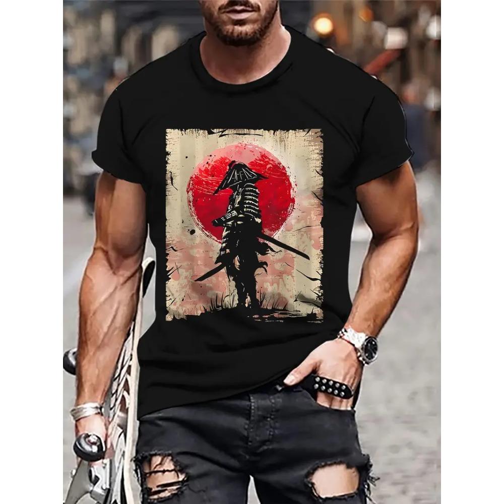 Samurai Men's T-shirt Soldier Print O Neck Short Sleeve Casual Anime Pullover Streetwear Outdoor Male Tee Top Oversized Clothing