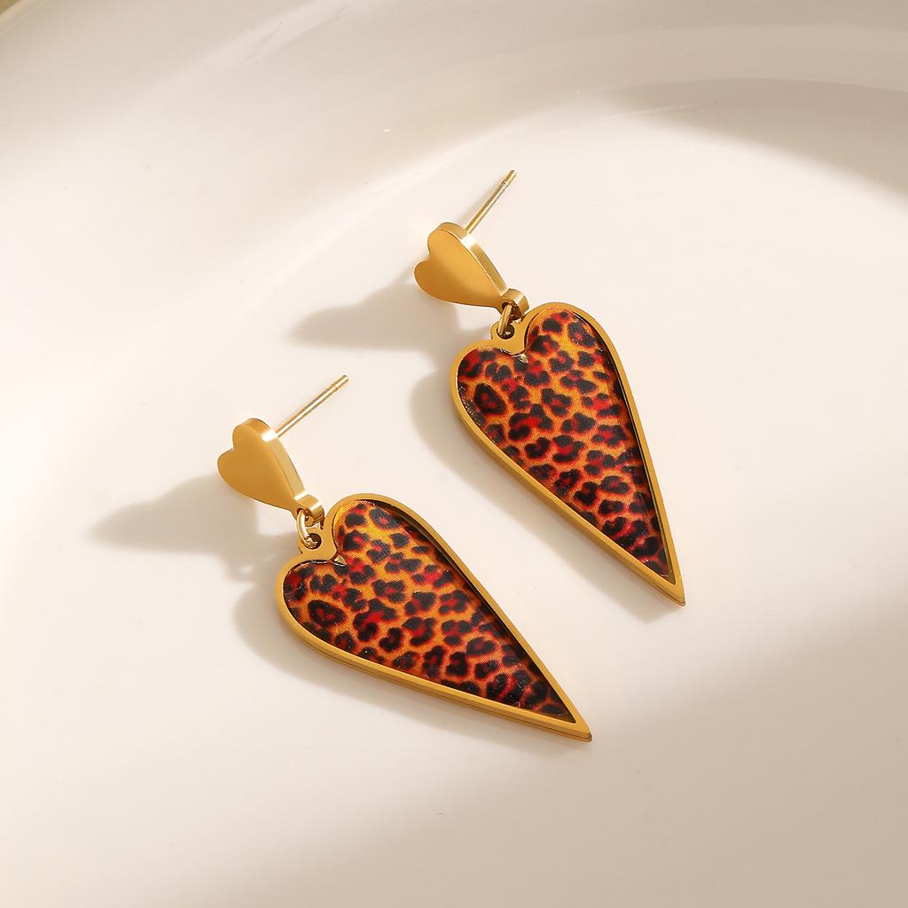 DIEYURO 316L Stainless Steel Golden Vintage Oil Dripping Leopard Print Exaggerated Heart Earrings Lady Trend Ear Studs Jewelry