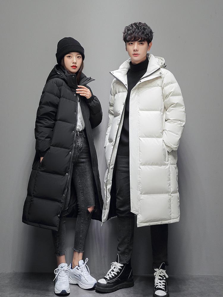Unisex Long Down Jacket: Knee-Length, Korean Style, Thick, Warm, Hooded Winter Coat for Couples