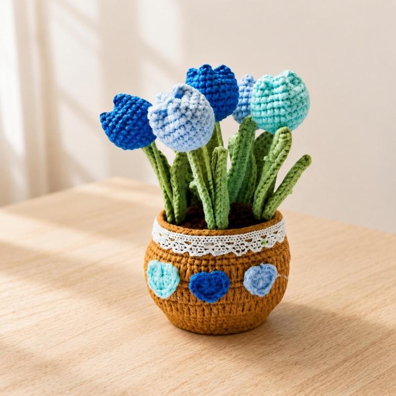 Potted Crochet Tulips Decors with Handcrafted Yarn Texture, Handmade Knitted Potted Flower for Tabletop Display, Gift for Women