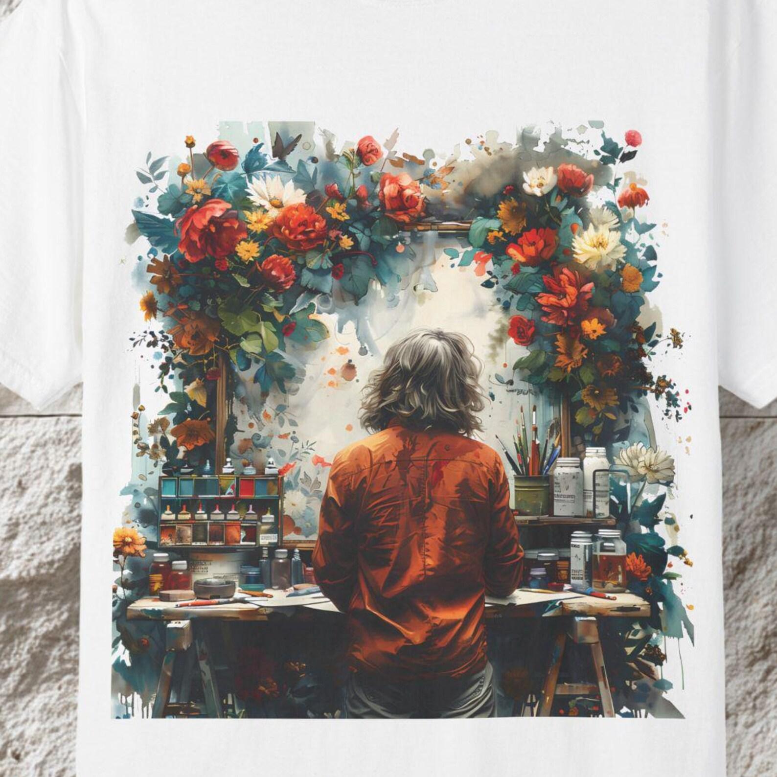 Artist at Easel T-Shirt, Floral Studio, Watercolor Art 4XL