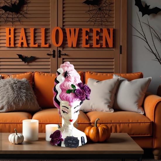 Halloween Pink Bride Bust Statue Creepy Spider Rose Ghost Bride Resin Figurine Sculpture Holiday Party Decoration Ornament