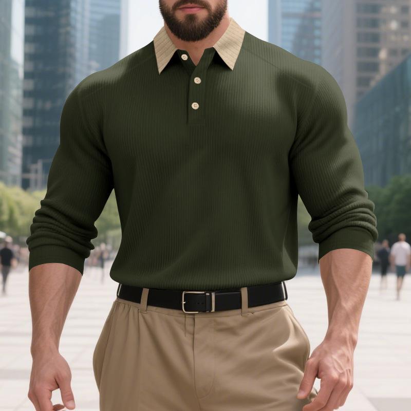 Mens American Turn Down Collar Heavy Weight Color Block Casual Long Sleeve Polo Shirt