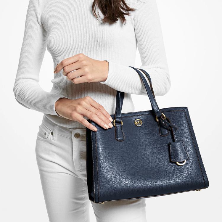 Michael Kors Mk Chantal Logo Solid Grain Magnetic Buckle Zipper Closure Leather Tote Bag Women Tote Navy-Blue 30F2G7CS2T-406