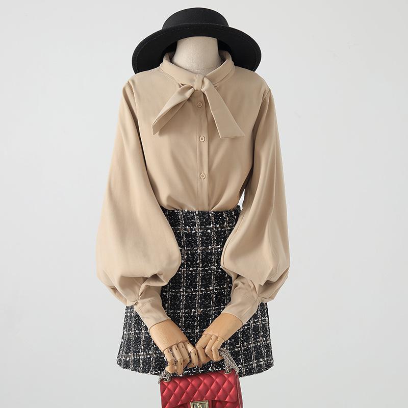 Spring and Autumn Women's Shirt Retro Bow Tie Single-breasted Temperament Lantern Sleeves Loose Casual Shirt Blouse