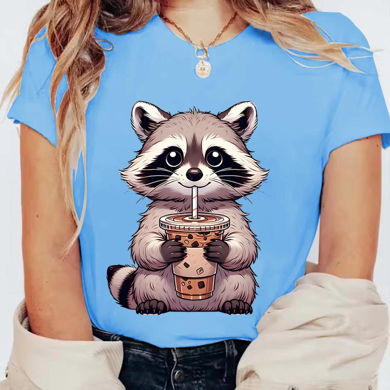 Summer Round Neck 3D Raccoon Pattern Print Top Fashionable Casual Short Sleeved Women's T-shirts
