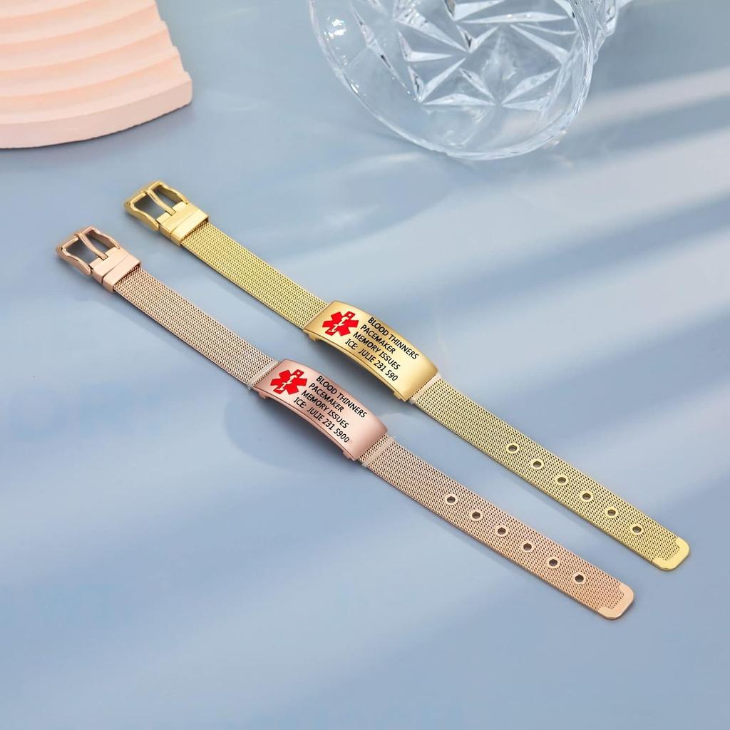 Nameinhea Custom Medical Alert Bracelets for Women Free Engraved Adjustable Stainless Steel Waterproof Emergency Medical ID Bracelets Allergy