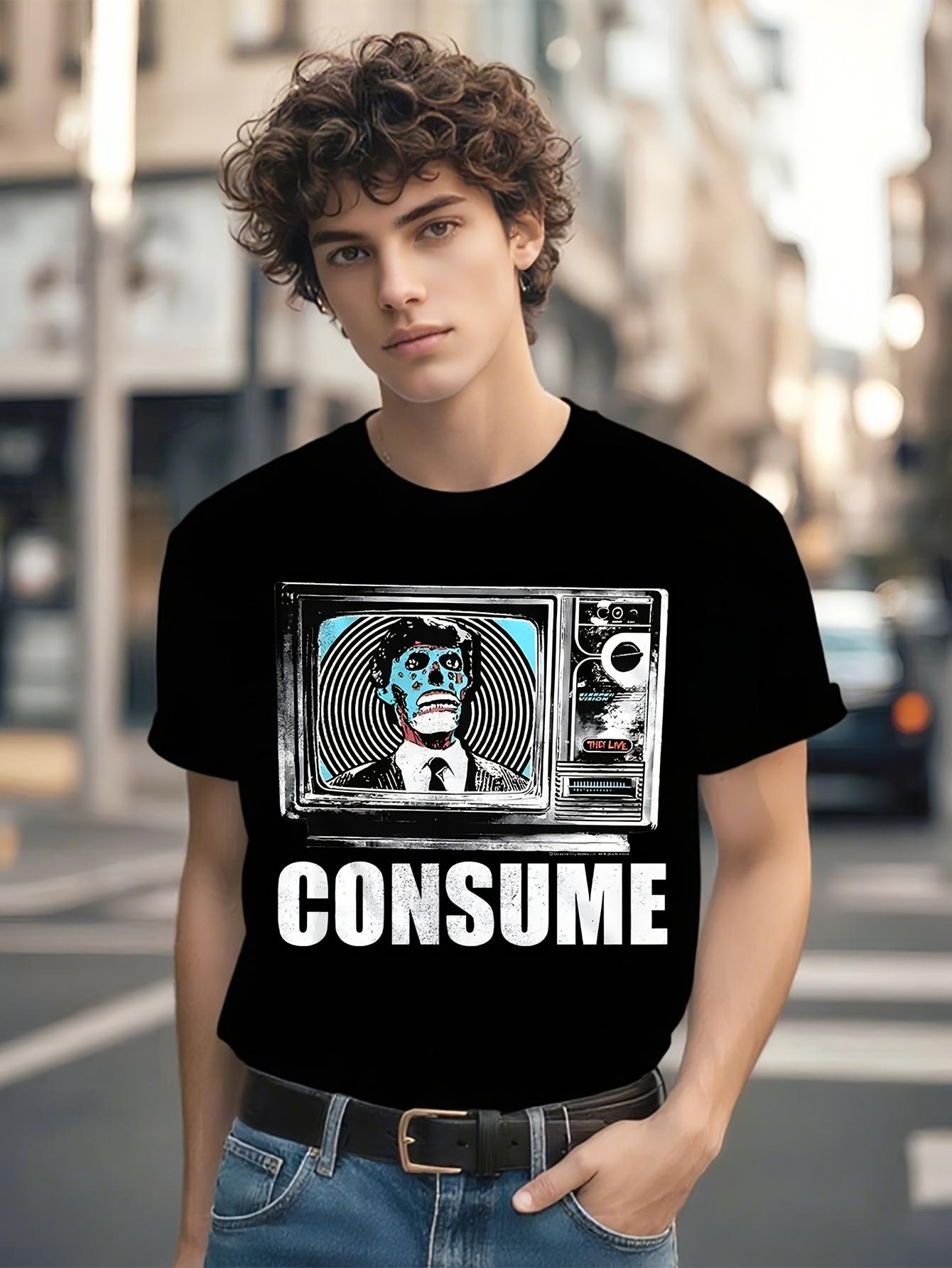 They Live Movie Graphic T-shirt - CONSUME Vintage TV Design - Black Tee - Plus Size Shirt - Dystopian Film Fan Apparel - Machine Washable Casual Tee XXXXL