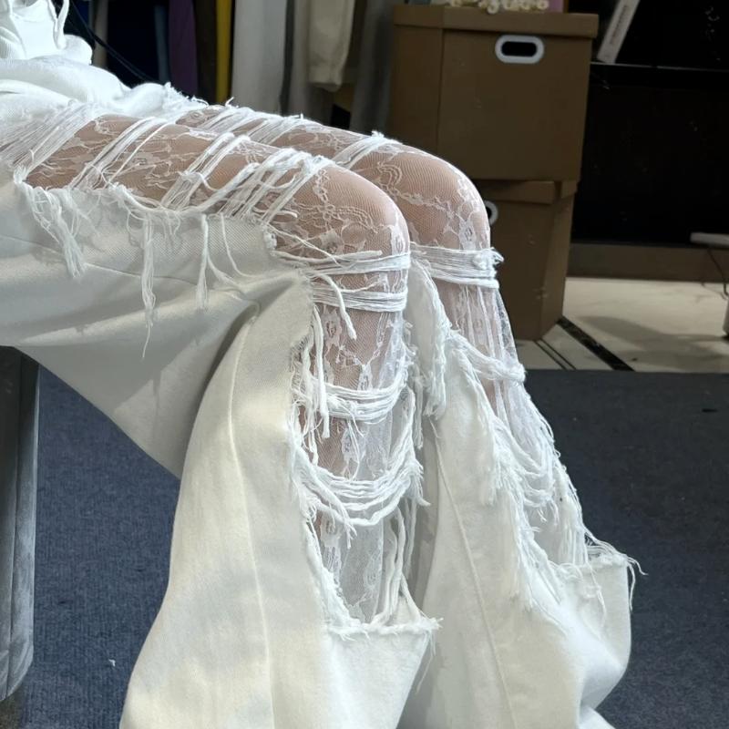 Sommer Weiße Distressed Straight-Leg Jeans für Damen - Lockeres Design-Forward Spitzen-Hollow-Panel Schlankmachende Vielseitige Weitbein-Hose