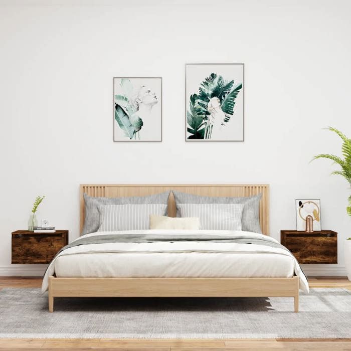 VidaXL Tables de Chevet Murales avec Lumières LED 2 pcs, Armoires de Nuit, Tables de Nuit Chambre, Moderne, Chêne Fumé Bois 836835