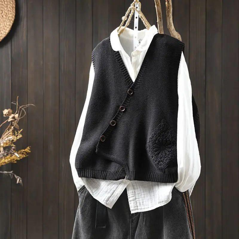 Spitzen-Patchwork V-Ausschnitt Strickweste aus Baumwolle Offener Cardigan Damen Locker Übergröße Herbst Layering Schulterpolster-Design Pullover