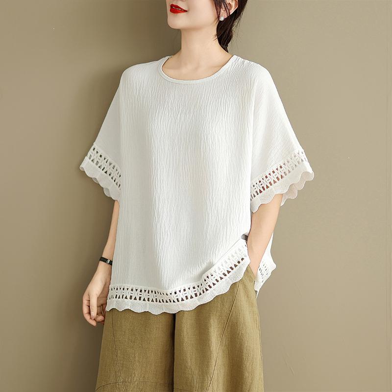 

Dimanaf 2025 Новые летние футболки больших размеров для женщин с коротким рукавом, однотонные, базовые, открытые, винтажные, свободные топы, футболки макси XL белый