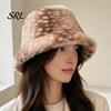Cute Deer Print Hat Women Spotted Hat, Faux Fur Bucket Winter Scarf, Fisherman Soft Cozy Furry for Girls, Autumn Accessory Brown White Gradient