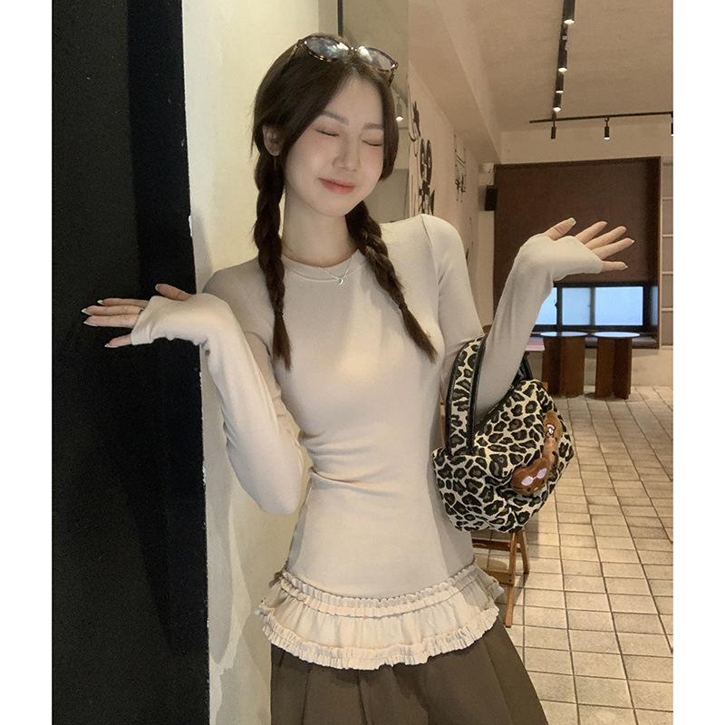 Designed Double-layered Round-neck Long-sleeved Bottoming Shirt with Earrings for Women In Autumn and Winter with T-shirt Slim Fit and Beautiful Top