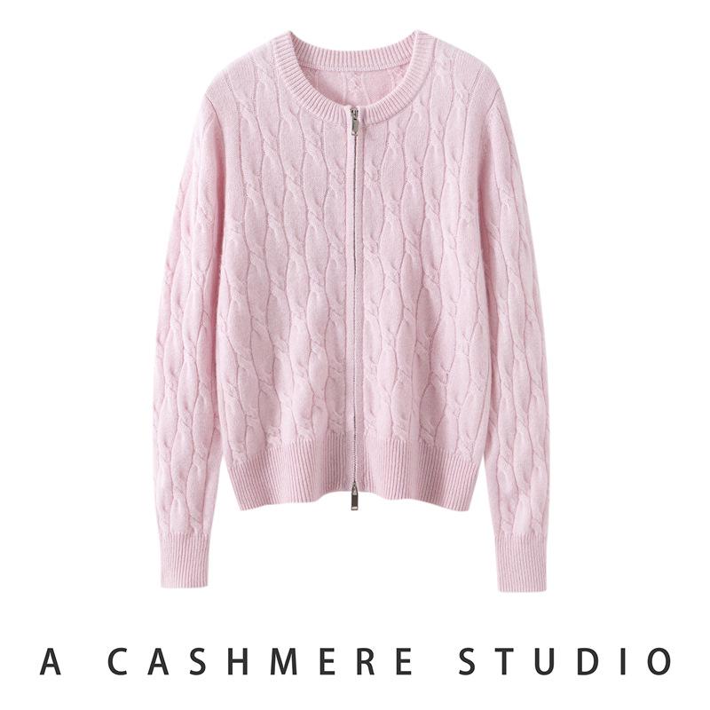 Women's Double Zipper Cable Knit Cashmere Cardigan - 2026 Autumn/Winter Loose Fit Round Neck Outerwear