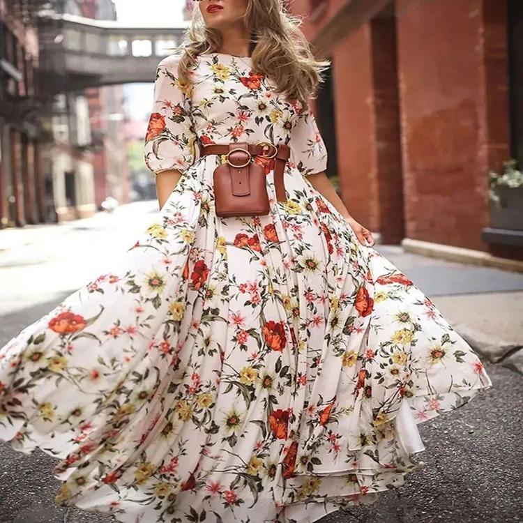 Sexy Floral Print Long Dress Women Casual Beach Dress New S белый