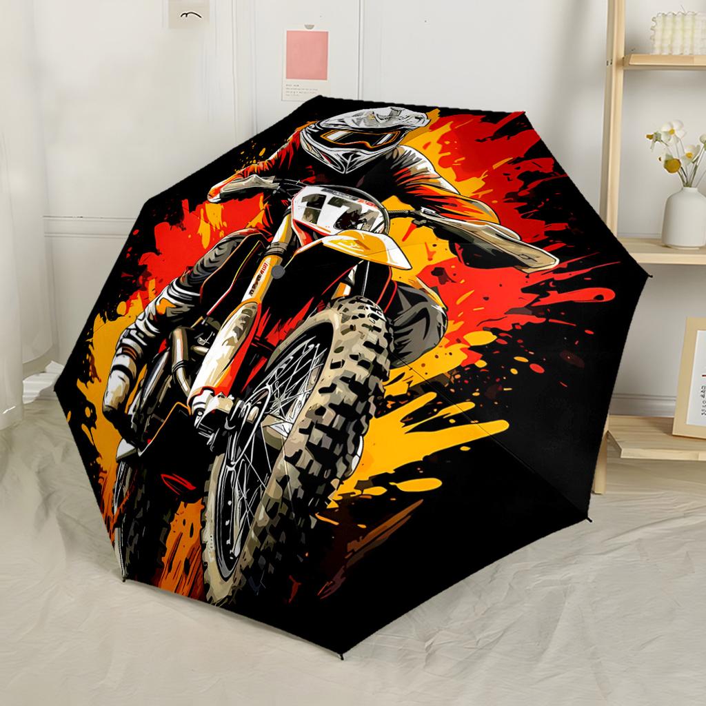 Buntglas Motorrad Kunst Automatischer Regenschirm Kompakt 8 Speichen Leichte Stabile Konstruktion Ganzjahres-Regenschirm für Reisen Modisches Accessoire