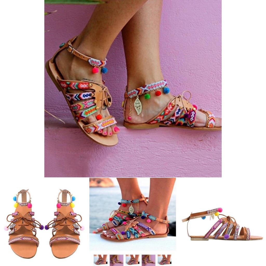 Elegantní Dámské Boho Sandály Gladiator Kožené Ploché Boty S Barevnými Pompony