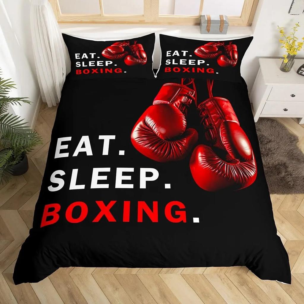 Boxing Sport Duvet Cover King Queen Golden Boxing Gloves Bedding Set Yellow Fire Print Comforter Cover Microfiber Quilt Cover