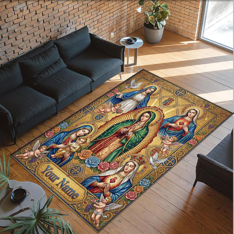 Virgin Mary Theme Crystal Velvet Rug Personalized Custom Name Text Soft Floor Mat Home Decor