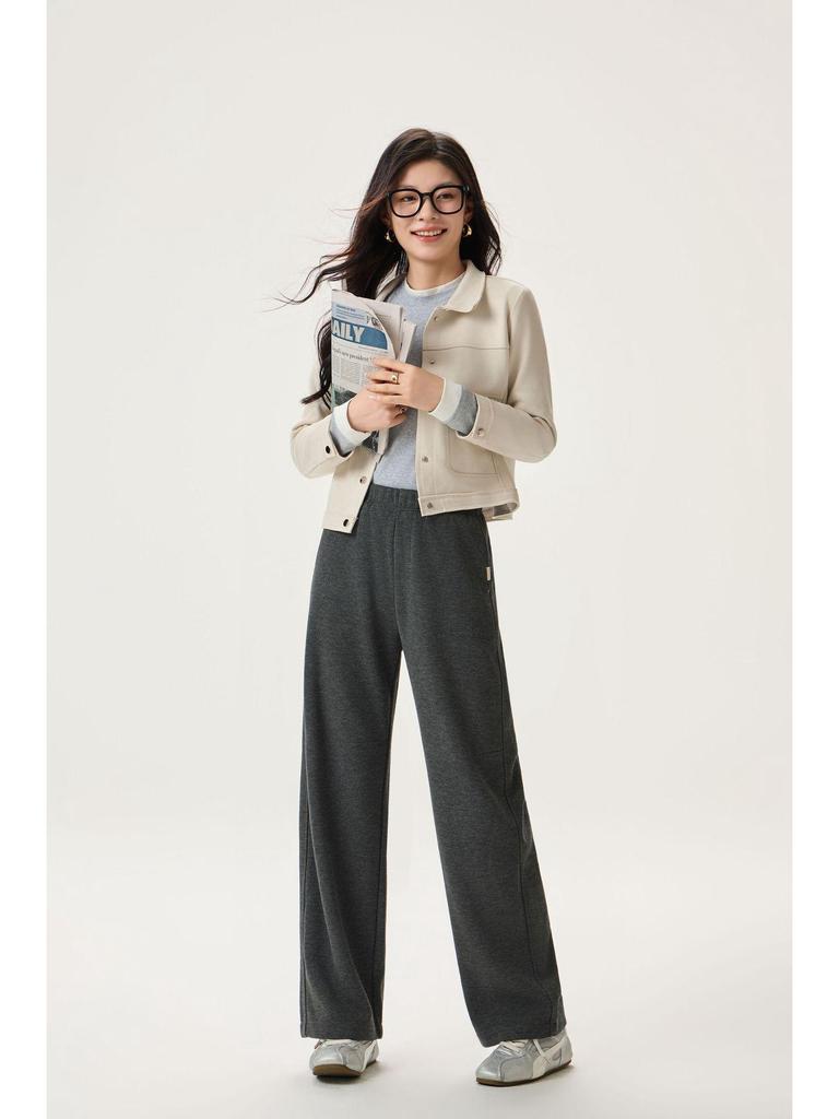 Women's High Waist White Wool-Blend Fleece Pants - Slimming, Versatile, Straight/Wide Leg Winter Casuals.