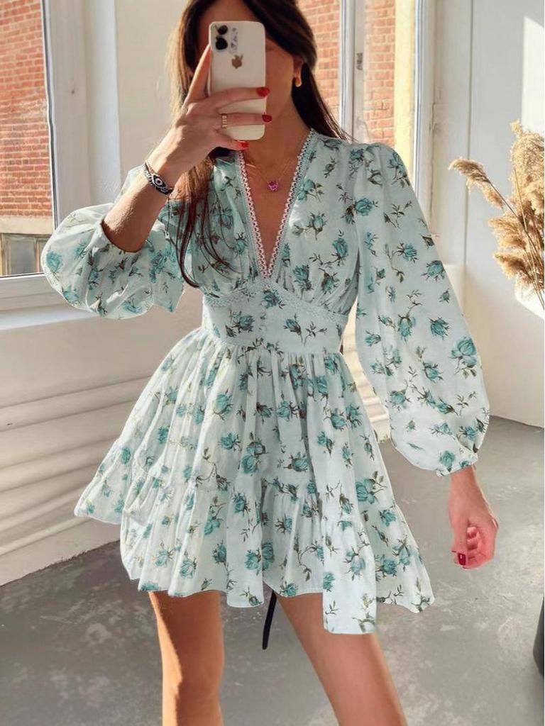 2025 Spring Sweet Print V-neck Lace Short Dress for Women