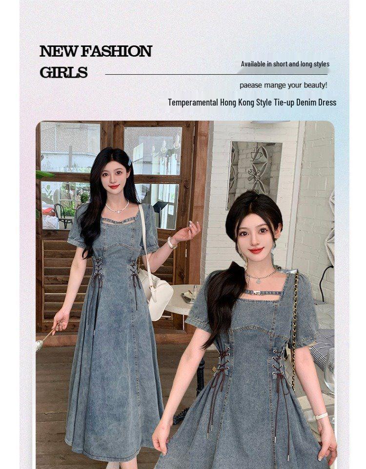 Plus Size Denim Puff Sleeve Square Neck Summer Dress for Women