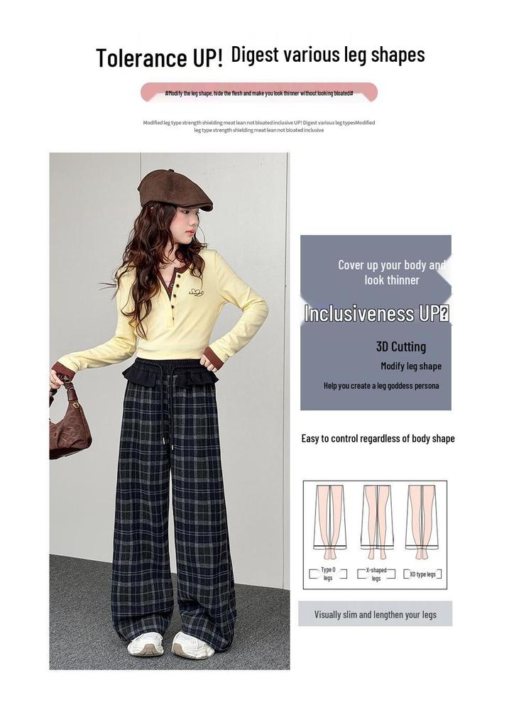 Girls' Plaid Wide-Leg Trousers with Lace Waist - Autumn 2026 Collection for Medium and Large Children.