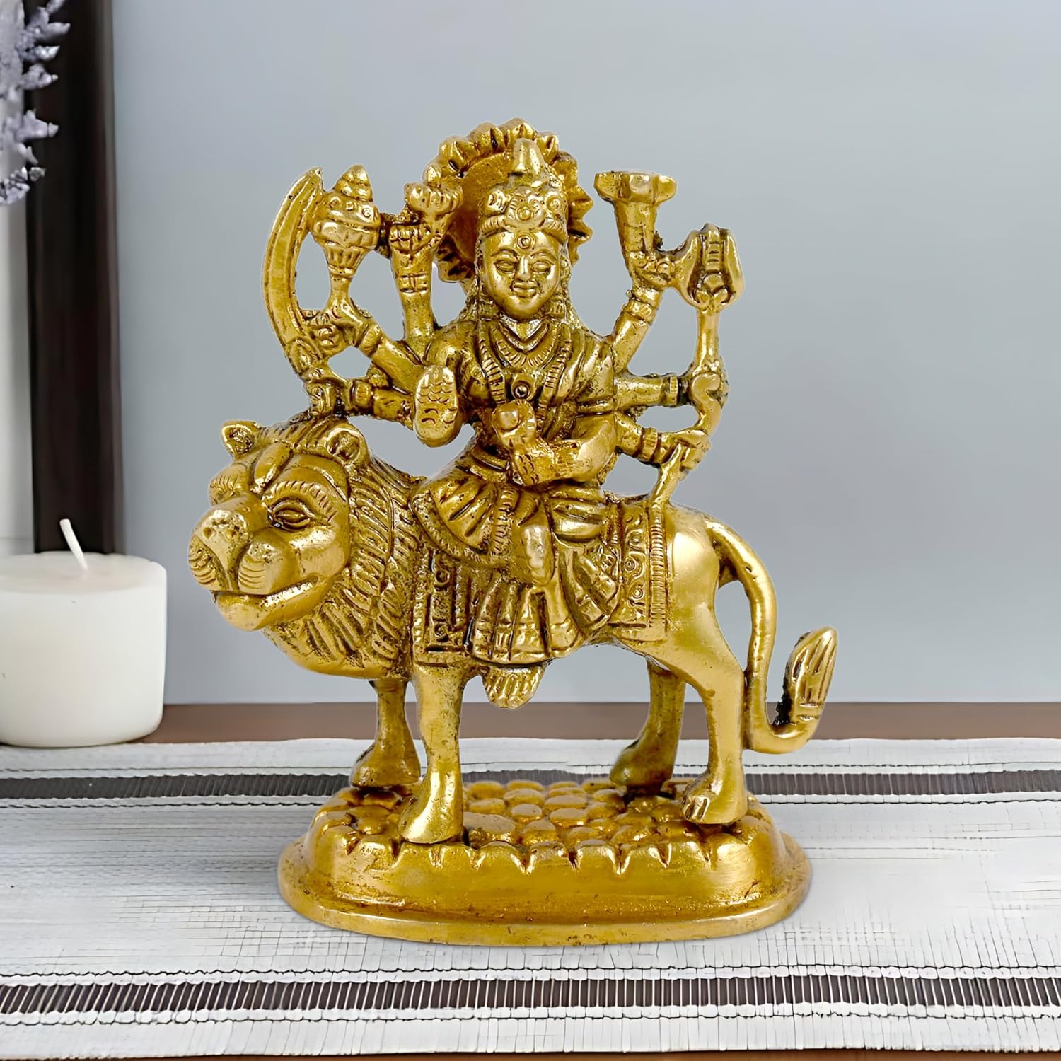 Pure Brass Sherawali Mata Idol, Goddess Durga Statue, Golden, Brass - 3.75 Inch