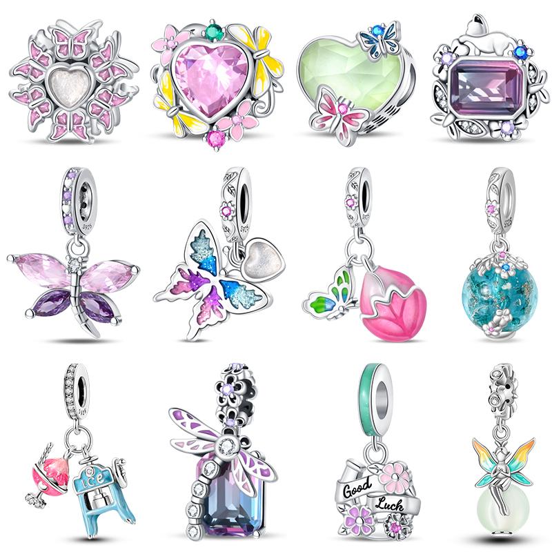 Spring 925 Silver Flowers Shining Tulip Butterfly Gem Charms Beads Fit 3mm 925 Exquisite Bracelets Fine DIY Warm Jewelry Gift