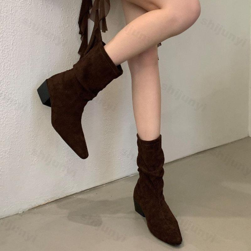 Women Cowboy Boots 2026 Autumn Comfortable Anti Slip Outdoor Fashion Short Boots Frosted Suede Retro Anti Slip Botas Mujer