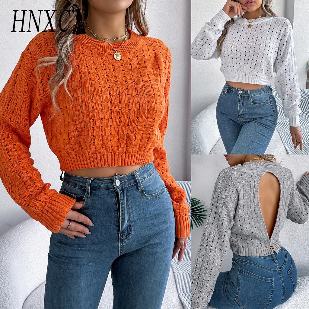 HNXC Autumn and Winter Sexy Backless Button Cutout Long-sleeved Pullover Sweater for Women