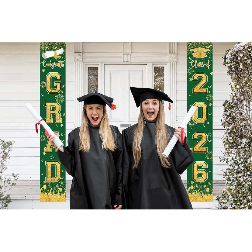 Green and Gold Graduation Decorations Class of 2026 Hanging Grad Banner - green Gold Congrats Grad Banner Porch Sign for Front Door, Graduate Door