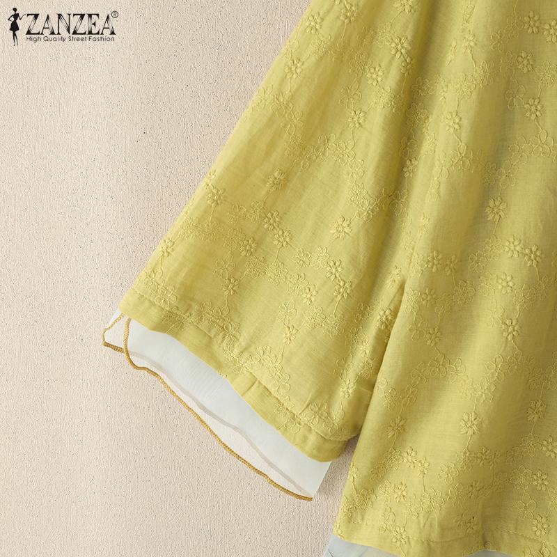 ZANZEA Vintage Damen Kurzarm Knopfleiste Patchwork Ethnische Stickerei Lässige Bluse