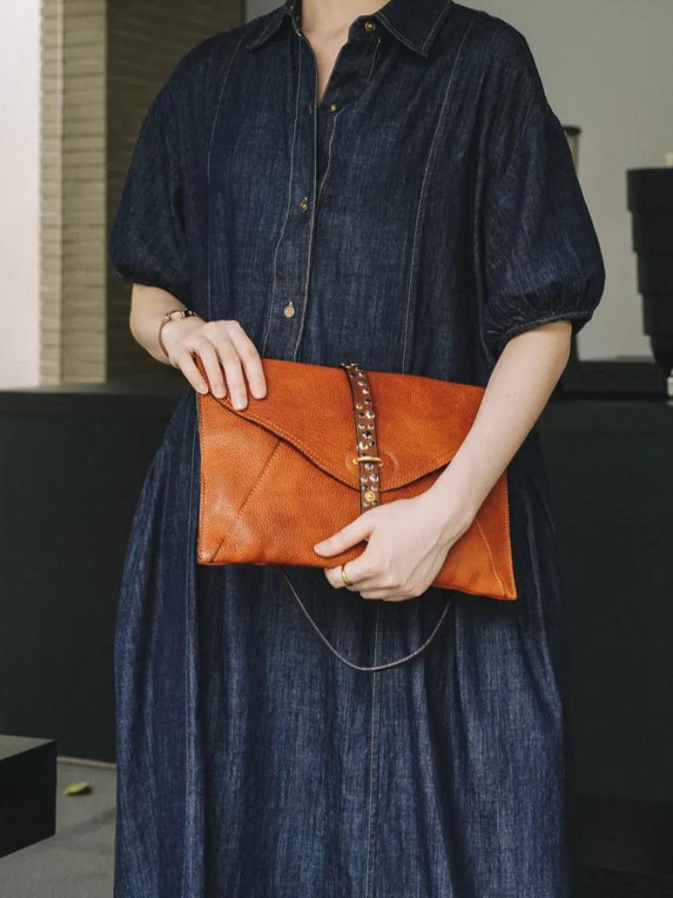Johnature Handmade Retro Genuine Leather Rivet Clutch Bag High-quality Flip Cover Envelope Bag Shoulder Crossbody Bag