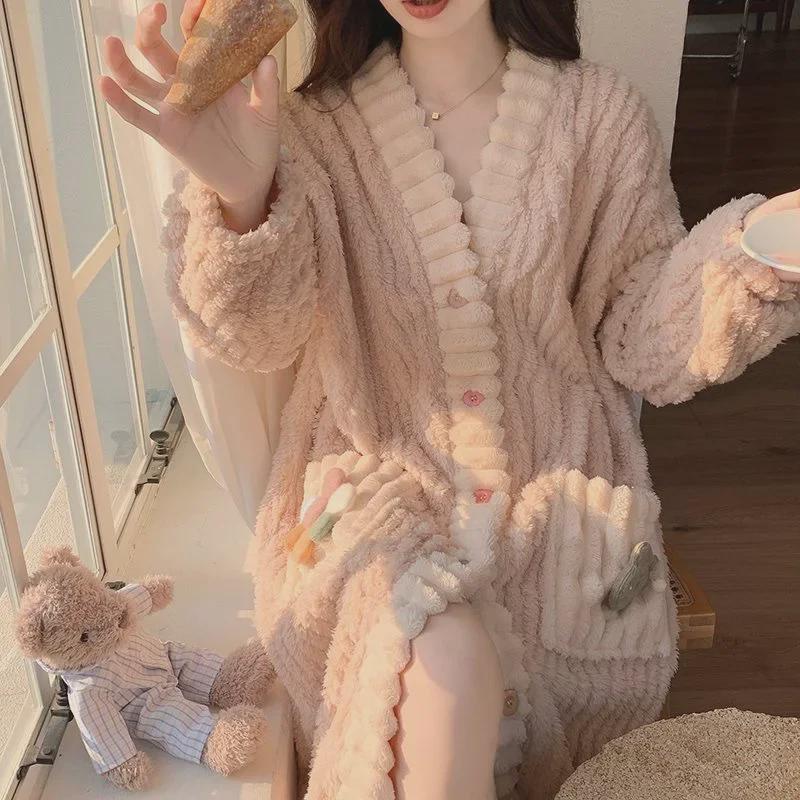 V-Neck Sunflower Nightgown Pajamas for Women - Cozy Autumn/Winter Coral Fleece, Thick, Large Sizes, Versatile Indoor/Outdoor Wear.