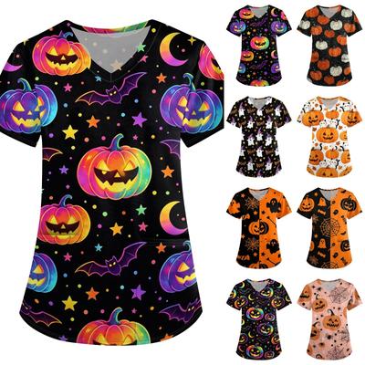 Women Halloween Print Loose Fit V Neck Short Sleeve Scrub Top with Pockets Medical Nurse Uniform Workwear