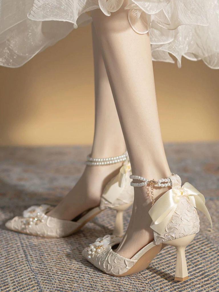 Franska älvstils pärlrem högklackar - Eleganta prinsessbröllopsskor för kvinnor