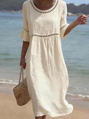 Women's Hollow-out Casual Loose Cotton Linen Summer Dress