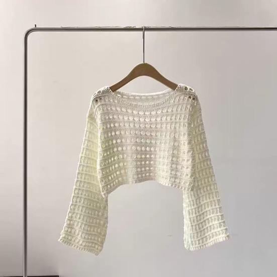 Couverture de protection solaire Col rond Manches extra longues Doux Extensible Protection solaire Pulls Hauts Couleur unie Design ajouré Hauts courts en tricot