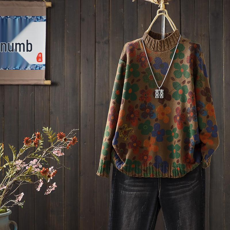 2025 Autumn/Winter Women's Retro Print Half-High Collar Knit Pullover
